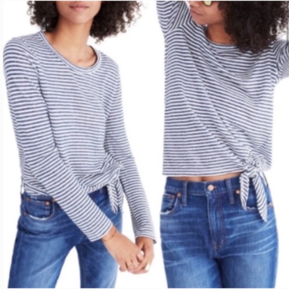 Madewell Size XS Soundcheck Side Tie Tee in Stripe Long Sleeve Linen Blue‎ White